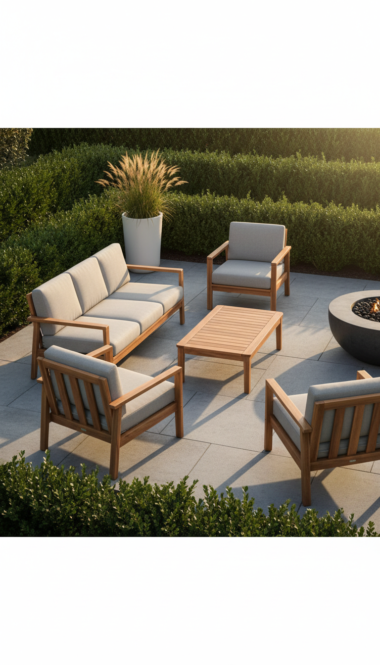 A meticulously maintained outdoor seating area featuring sleek, weather-resistant teak furniture with light grey cushions, situated on a smooth stone patio bordered by manicured green hedges. The environment includes subtle touches like a minimalistic planter with ornamental grasses and a modern fire pit in the background. Soft, late afternoon natural light creates gentle highlights on the wooden textures and deep, crisp shadows beneath the furniture. The mood is calm, professional, and inviting, designed to inspire relaxation while showcasing expert design. Composed from a slightly elevated angle with balanced, centered framing, the image maintains sharp focus throughout, emphasizing clean lines and a structured, photographic realism that aligns with a corporate sensibility. Ideal visual for home improvement and outdoor renovation topics.