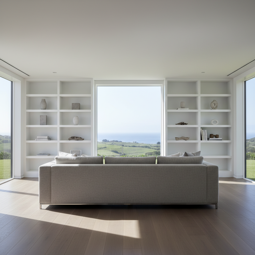 An elegant, contemporary open-plan living room featuring pristine white built-in shelving, matte-finished oak flooring, and a low-profile neutral-tone sectional sofa with crisp, tailored edges. Large windows offer a glimpse of a manicured coastal landscape while allowing diffused daylight to softly illuminate the space, casting subtle, elongated shadows and highlighting the architectural geometry of the shelving. The atmosphere is serene and professional, with the composition following the rule of thirds to highlight architectural symmetry and clarity. Photographic realism and a clean, modern aesthetic reinforce the corporate professionalism of the site, making the image a compelling visual anchor for content on interior home improvement.