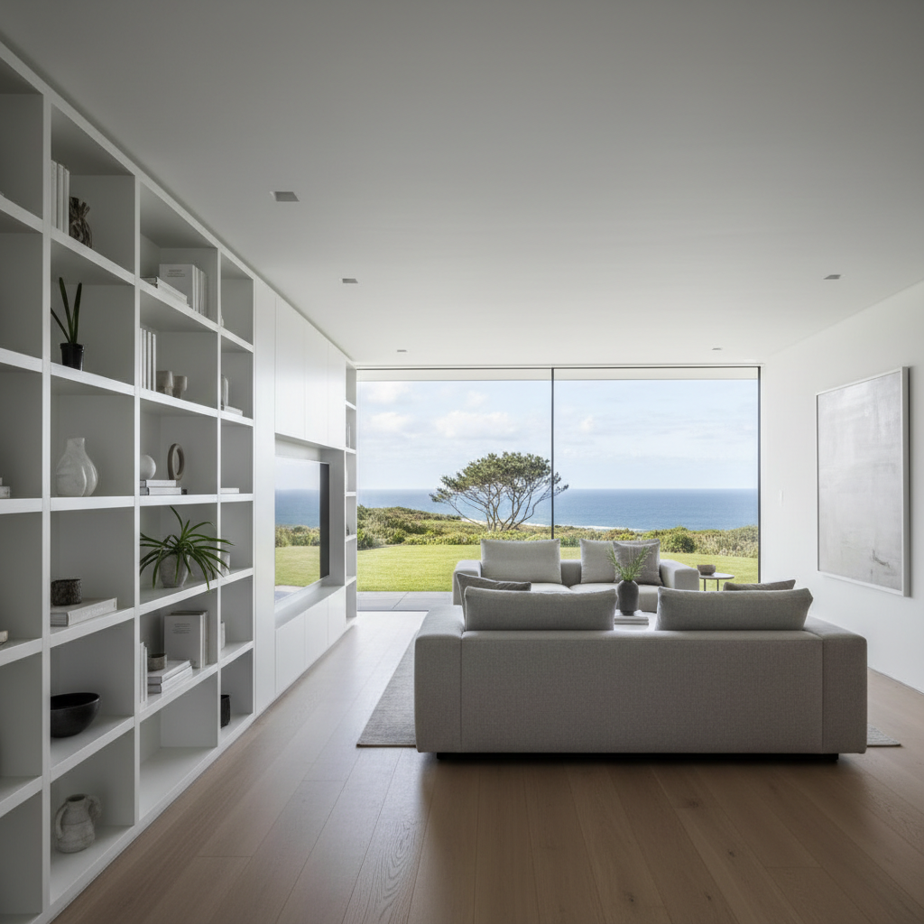 An elegant, contemporary open-plan living room featuring pristine white built-in shelving, matte-finished oak flooring, and a low-profile neutral-tone sectional sofa with crisp, tailored edges. Large windows offer a glimpse of a manicured coastal landscape while allowing diffused daylight to softly illuminate the space, casting subtle, elongated shadows and highlighting the architectural geometry of the shelving. The atmosphere is serene and professional, with the composition following the rule of thirds to highlight architectural symmetry and clarity. Photographic realism and a clean, modern aesthetic reinforce the corporate professionalism of the site, making the image a compelling visual anchor for content on interior home improvement.