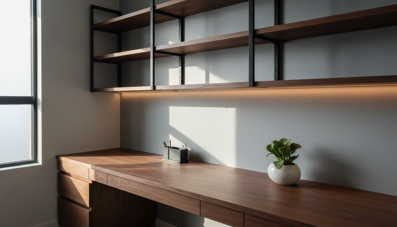 A state-of-the-art, custom-designed home office featuring a built-in walnut desk with integrated matte-black metal shelving, structured against a subtle dove-grey accent wall. The workspace includes a minimalist desk organizer and a small, sculptural indoor plant in a ceramic pot. Natural light from a narrow side window casts striking, angular shadows across the wall, while a concealed LED strip under the shelving adds a subtle glow. The mood is focused and orderly, perfect for productivity, captured from a slightly oblique angle with a balanced, structured composition. Photographic realism and a disciplined, corporate aesthetic reinforce the site’s authority in home workspace improvements.