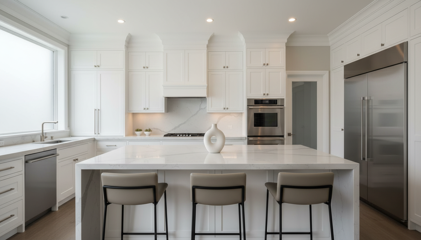 A sophisticated, high-end kitchen renovation featuring custom white lacquer cabinets, a polished quartz waterfall island, and brushed stainless-steel built-in appliances with minimalist handles. The island’s pristine counter displays a single, sculptural ceramic vase, surrounded by structured bar stools in light taupe leather. Ambient recessed lighting blends with soft daylight streaming through an adjacent frosted window, creating layered highlights and refined, balanced shadows. The mood is polished yet welcoming, with a careful eye-level composition that emphasizes horizontal lines and symmetry for visual clarity. Photographic realism, clean lines, and a neutral palette support a narrative of professional-grade renovation and design expertise.