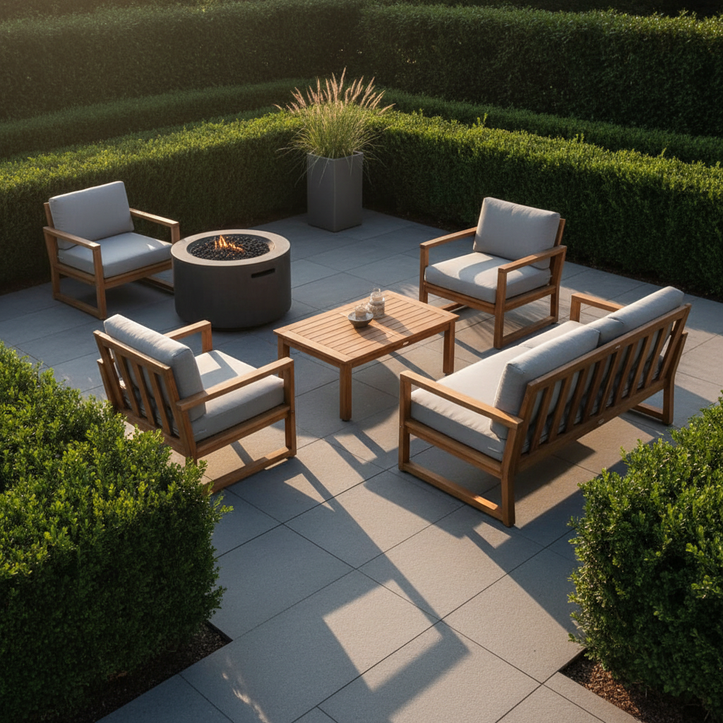 A meticulously maintained outdoor seating area featuring sleek, weather-resistant teak furniture with light grey cushions, situated on a smooth stone patio bordered by manicured green hedges. The environment includes subtle touches like a minimalistic planter with ornamental grasses and a modern fire pit in the background. Soft, late afternoon natural light creates gentle highlights on the wooden textures and deep, crisp shadows beneath the furniture. The mood is calm, professional, and inviting, designed to inspire relaxation while showcasing expert design. Composed from a slightly elevated angle with balanced, centered framing, the image maintains sharp focus throughout, emphasizing clean lines and a structured, photographic realism that aligns with a corporate sensibility. Ideal visual for home improvement and outdoor renovation topics.